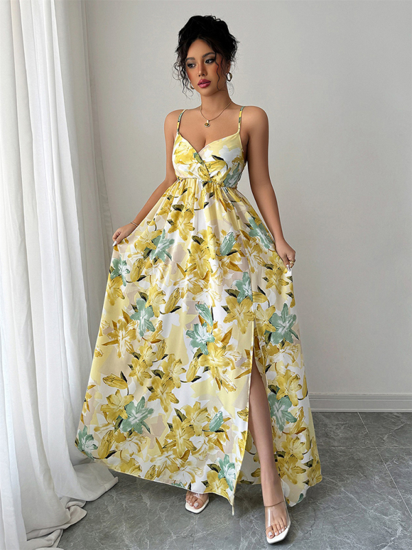Fashionable and elegant suspender printed long dress-chiquechics