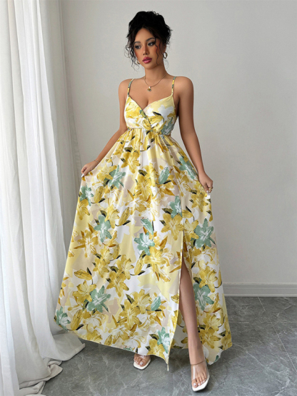 Fashionable and elegant suspender printed long dress-chiquechics