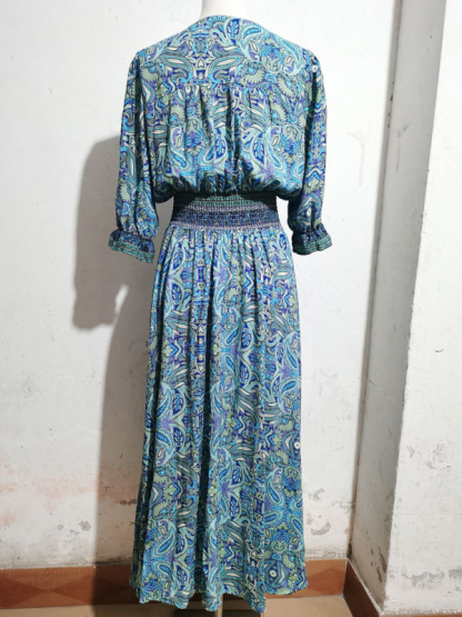 Three-quarter sleeve waisted Bohemian casual holiday beach dress-chiquechics