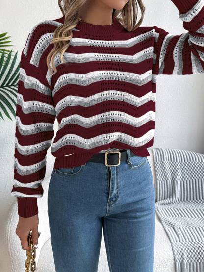 Casual hollow color block striped lantern long sleeve pullover sweater-chiquechics