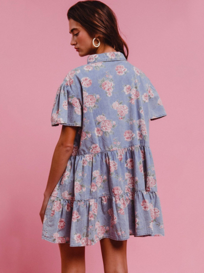 Light blue floral print denim A-line lapel shirt dress-chiquechics