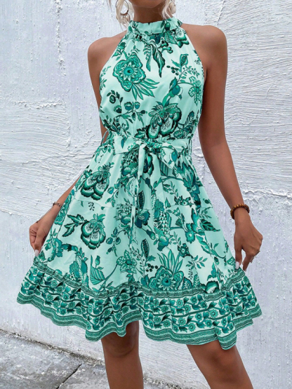 Fashion floral waist halter neck dress-chiquechics