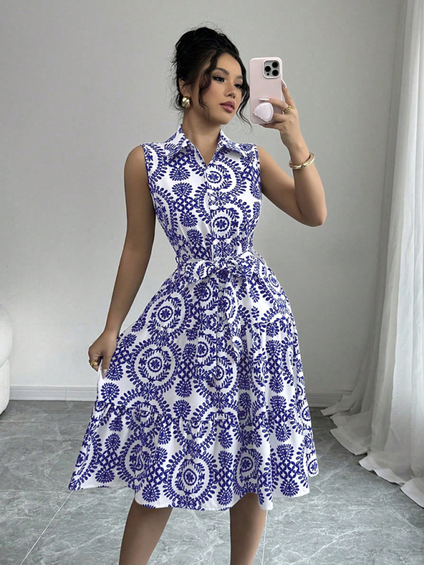 Fashionable off-shoulder waist-binding blue printed sleeveless dress-chiquechics