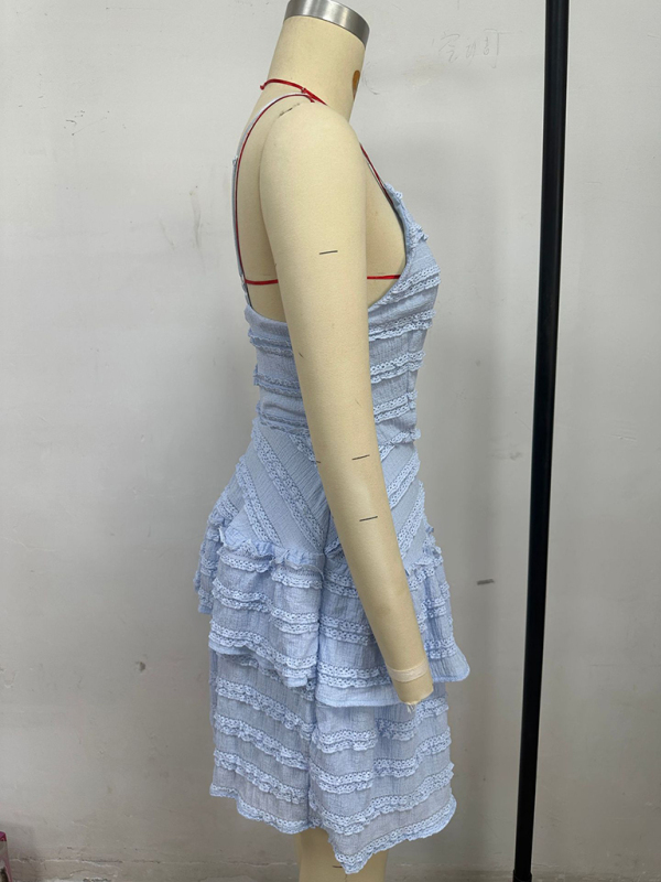 Solid color ruffle sexy suspender lace dress-chiquechics
