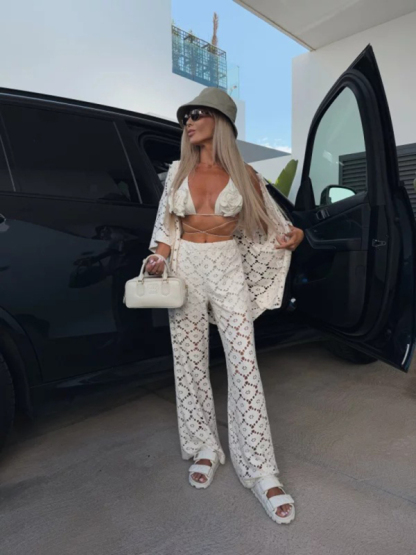 New Fashion Lapel Hollow Lace Short Sleeve Top Trousers Set-chiquechics
