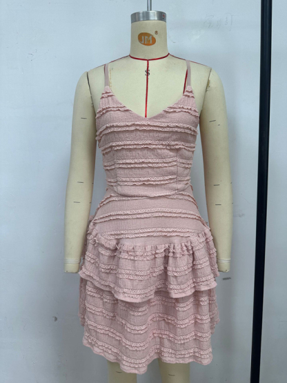 Solid color ruffle sexy suspender lace dress-chiquechics