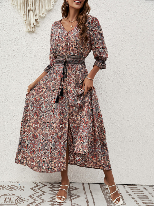 Three-quarter sleeve waisted Bohemian casual holiday beach dress-chiquechics