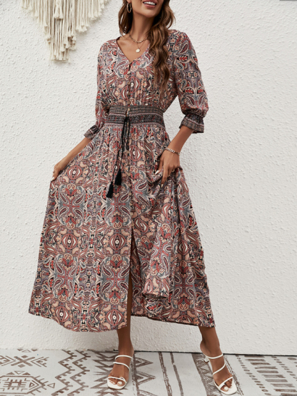Three-quarter sleeve waisted Bohemian casual holiday beach dress-chiquechics