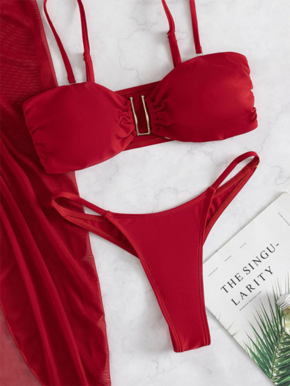 Swimsuit solid color three-piece bikini U-shaped decoration Swimsuit-chiquechics
