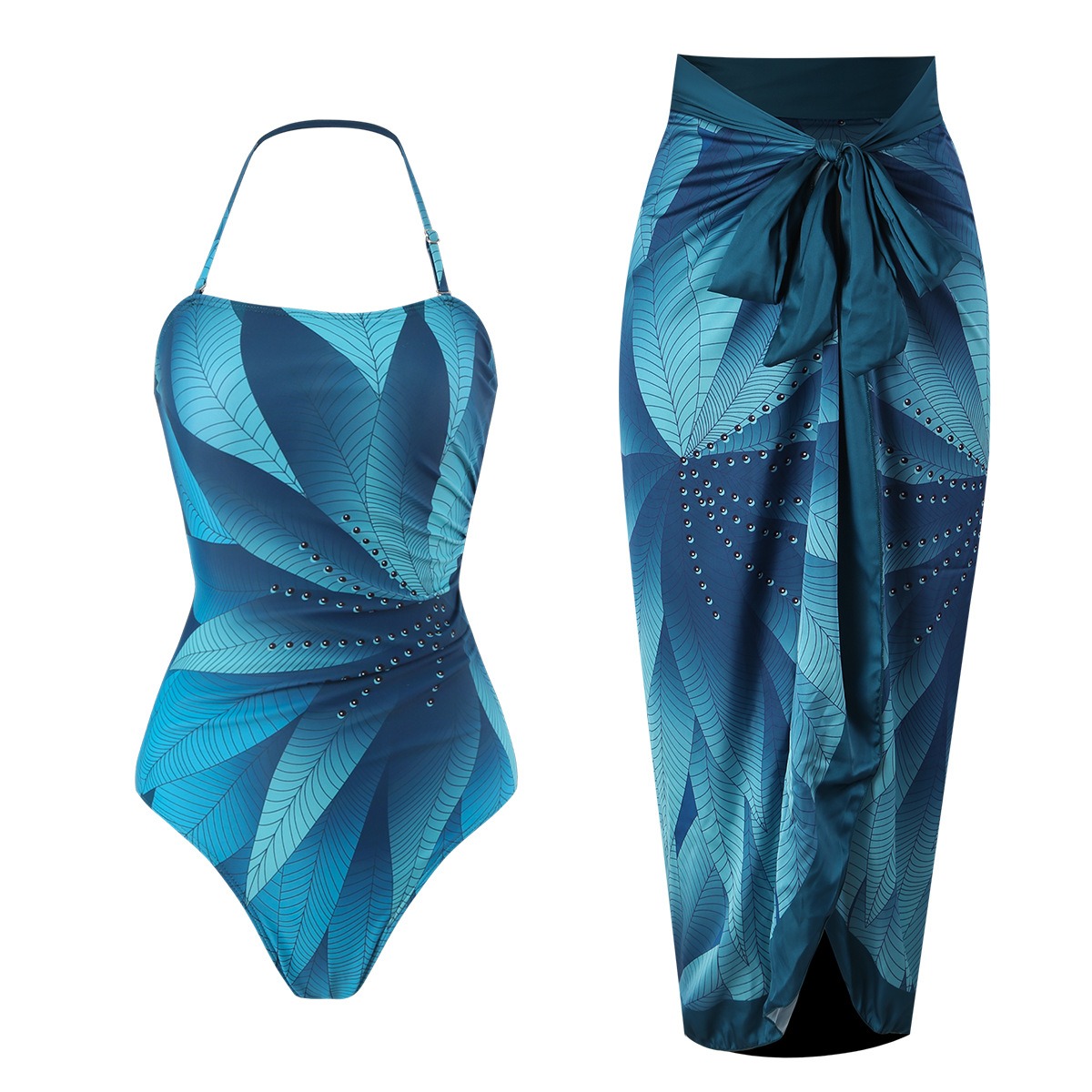 French new one-piece two-piece swimsuit leaf print hip-covering long skirt conservative halterneck swimsuit for women-chiquechics