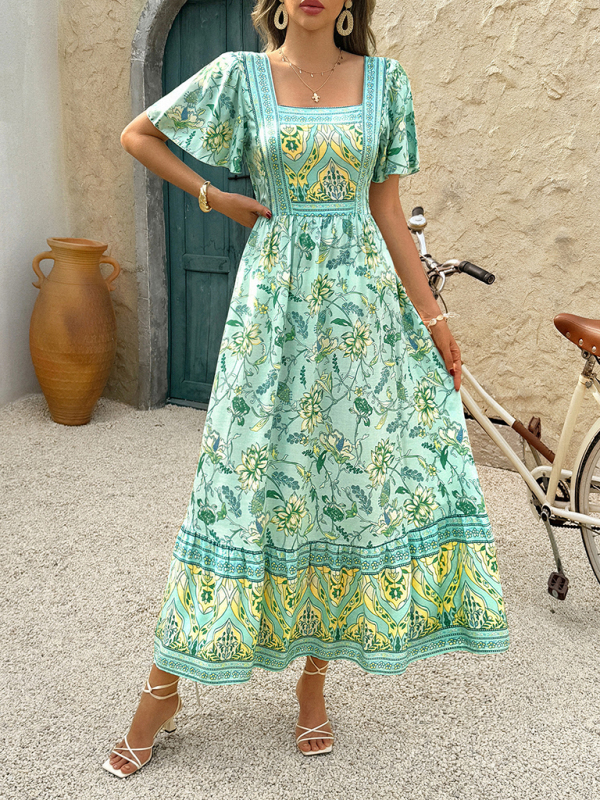 Holiday Chartreuse Floral Print A-Line Maxi Dress-chiquechics