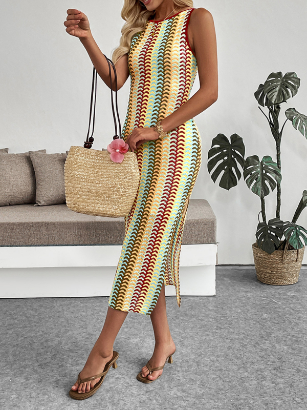 Colorful striped crochet crew neck vest sleeveless slim dress-chiquechics