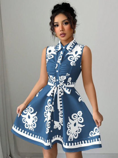 Women's Fashion Printed Waist Tie Sleeveless Dress-chiquechics