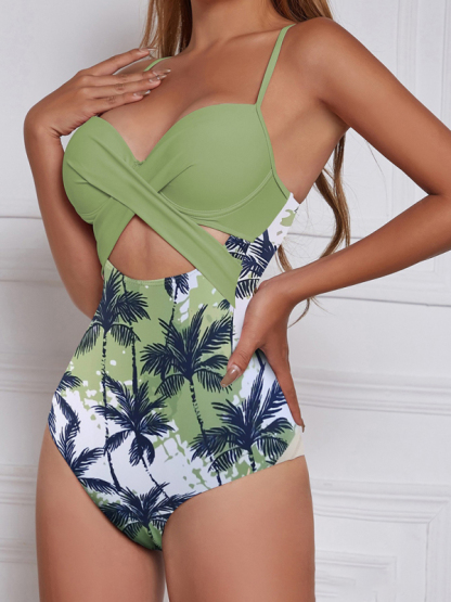 Spliced ​​one-piece sexy maple leaf print high waist cross beach swimsuit-chiquechics