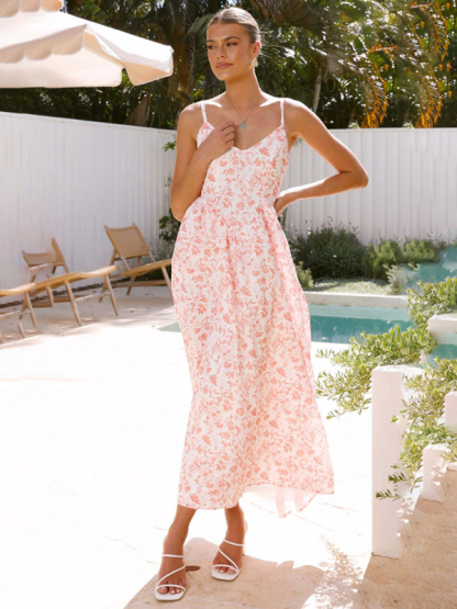 New V-neck waist holiday long dress sexy backless bow tie dress-chiquechics