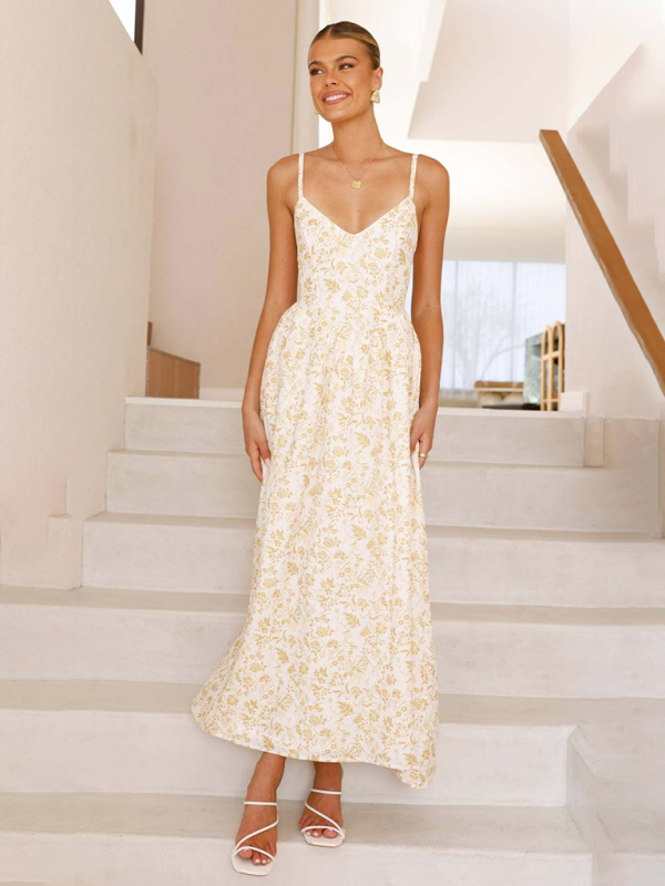 New V-neck waist holiday long dress sexy backless bow tie dress-chiquechics