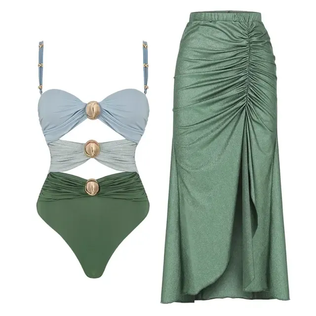 New Women‘s Swimsuit Buttons One Piece Sarong Swimwear 