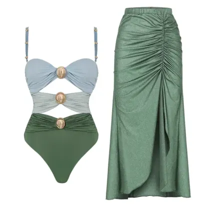 New Women‘s Swimsuit Buttons One Piece Sarong Swimwear 