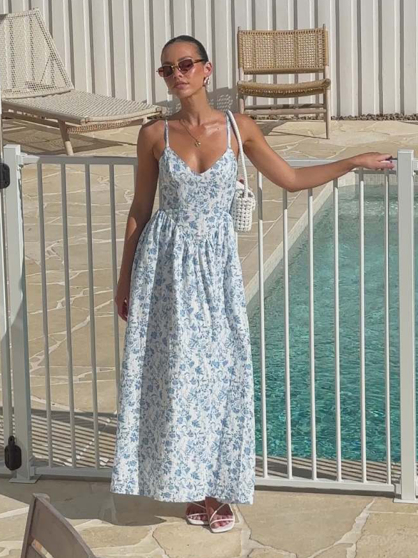 New V-neck waist holiday long dress sexy backless bow tie dress-chiquechics