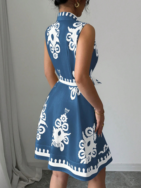 Women's Fashion Printed Waist Tie Sleeveless Dress-chiquechics