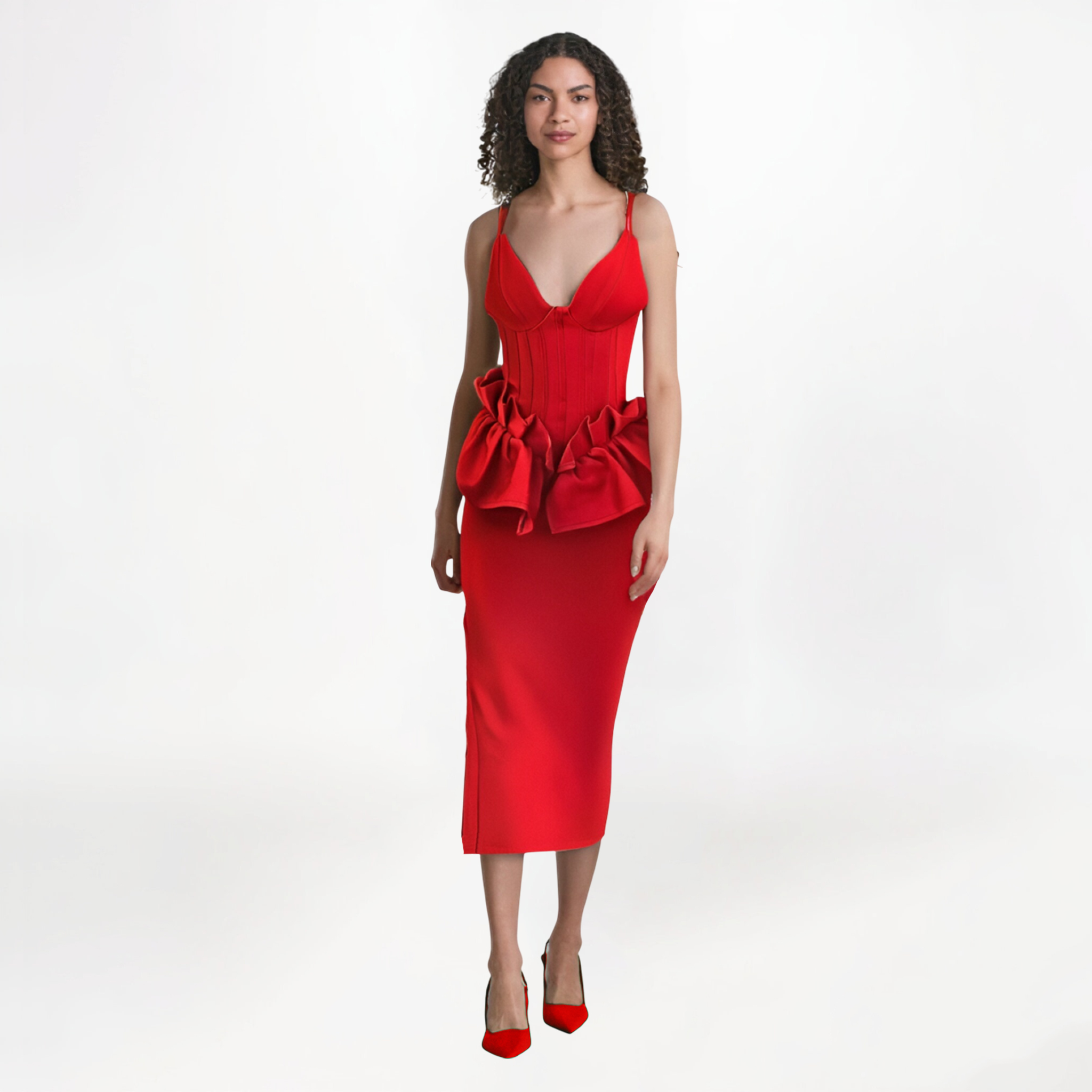 Red V-neck ruffle hem backless waist cinched evening dress socialite long dress-chiquechics