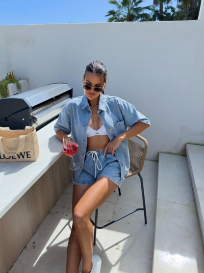 Casual loose short-sleeved shirt and denim shorts set-chiquechics