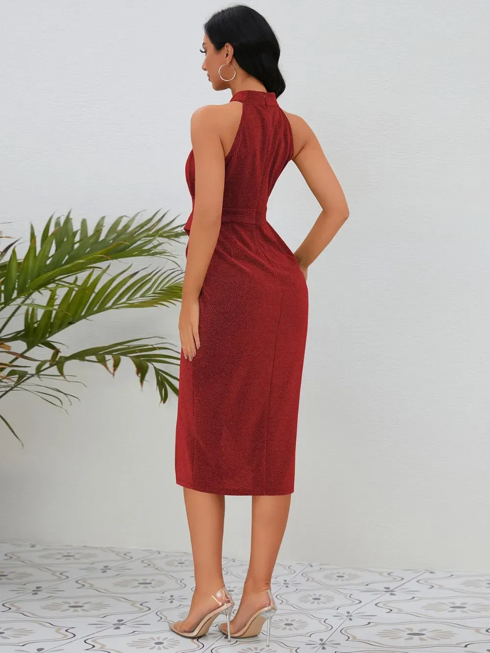 Slit Ruched Mock Neck Sleeveless Dress-chiquechics