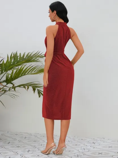 Slit Ruched Mock Neck Sleeveless Dress-chiquechics