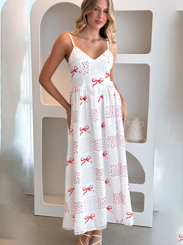 New V-neck waist holiday backless bow print dress-chiquechics