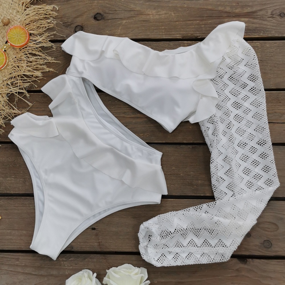 SwimwearSingle shoulder mesh long sleeved jumpsuit bikini solid color swimsuit with fly edge hollowed out high waist-chiquechics