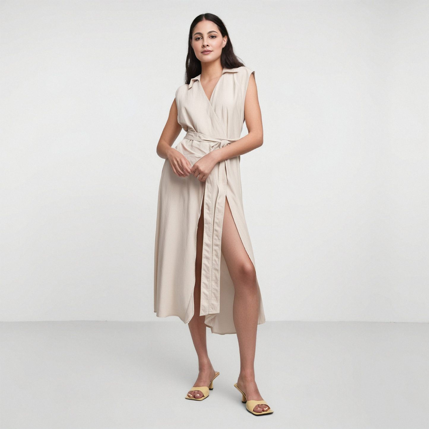V-neck single breasted belt with pleated sleeveless shirt style dress for women-chiquechics
