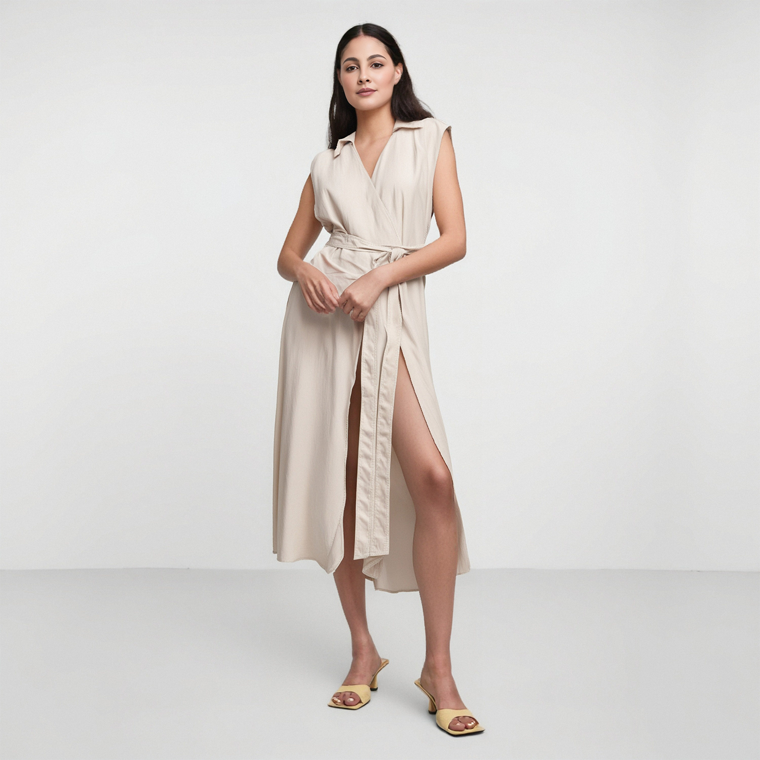 V-neck single breasted belt with pleated sleeveless shirt style dress for women-chiquechics