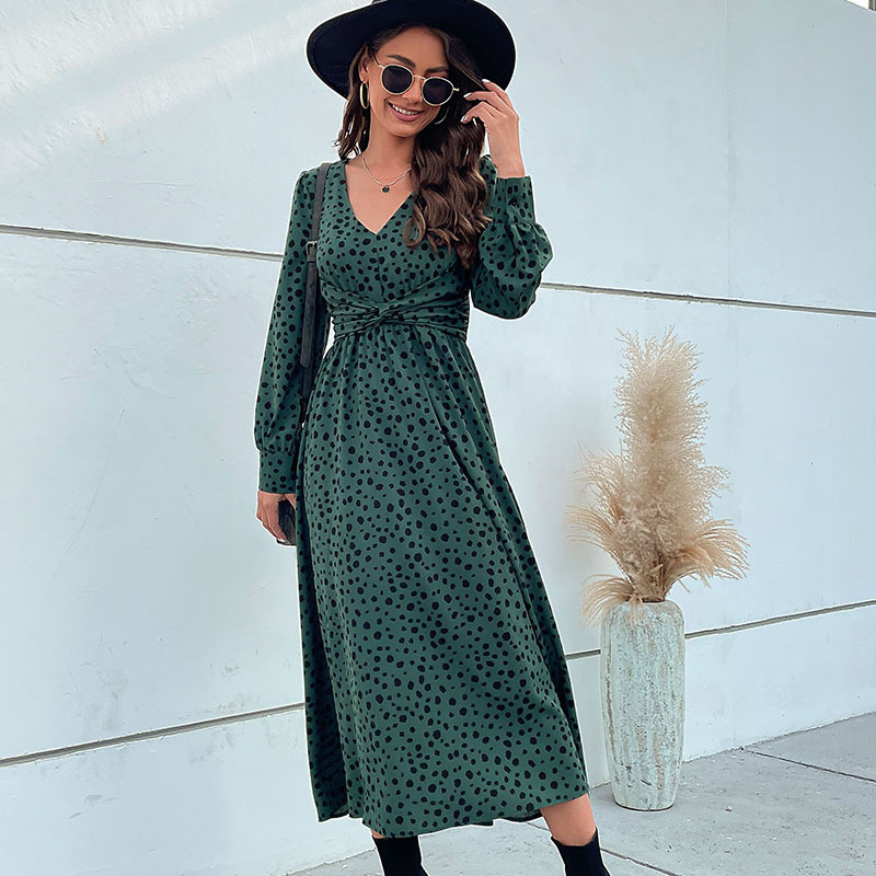 Fashion Ladies New Green Long Sleeve Leopard Long Dress-chiquechics