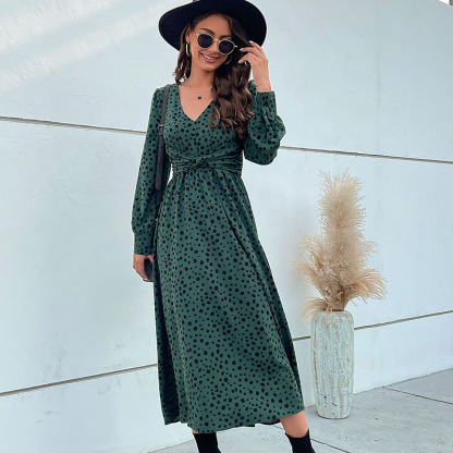 Fashion Ladies New Green Long Sleeve Leopard Long Dress-chiquechics