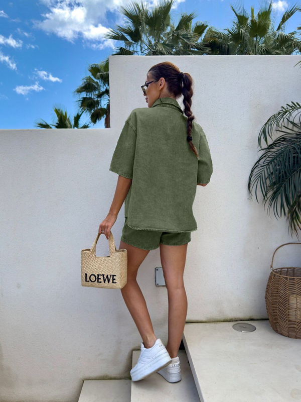 Casual loose short-sleeved shirt and denim shorts set-chiquechics