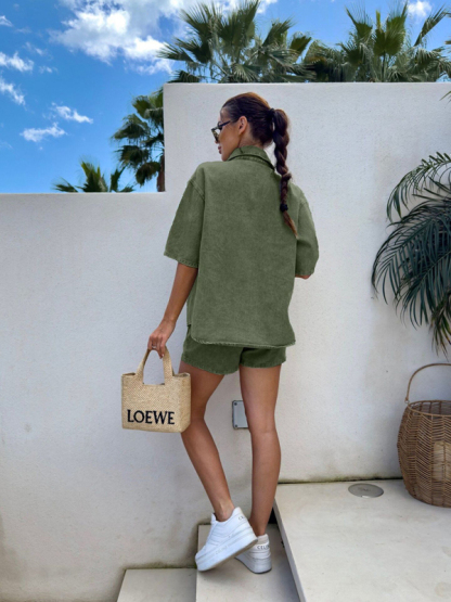 Casual loose short-sleeved shirt and denim shorts set-chiquechics