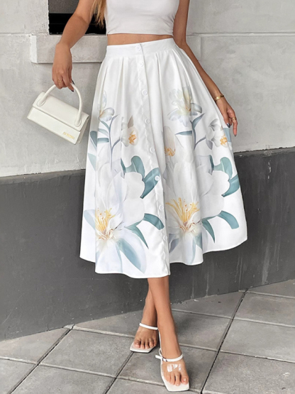 Casual Floral Holiday Dress Button Decorated Printed Skirt-chiquechics
