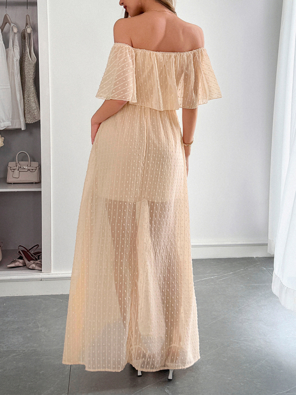 Elegant Strapless Waisted Short Sleeve Long Dress-chiquechics