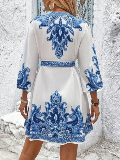 New Printed V-Neck Three-Quarter Sleeve Tie-Waist Dress-chiquechics