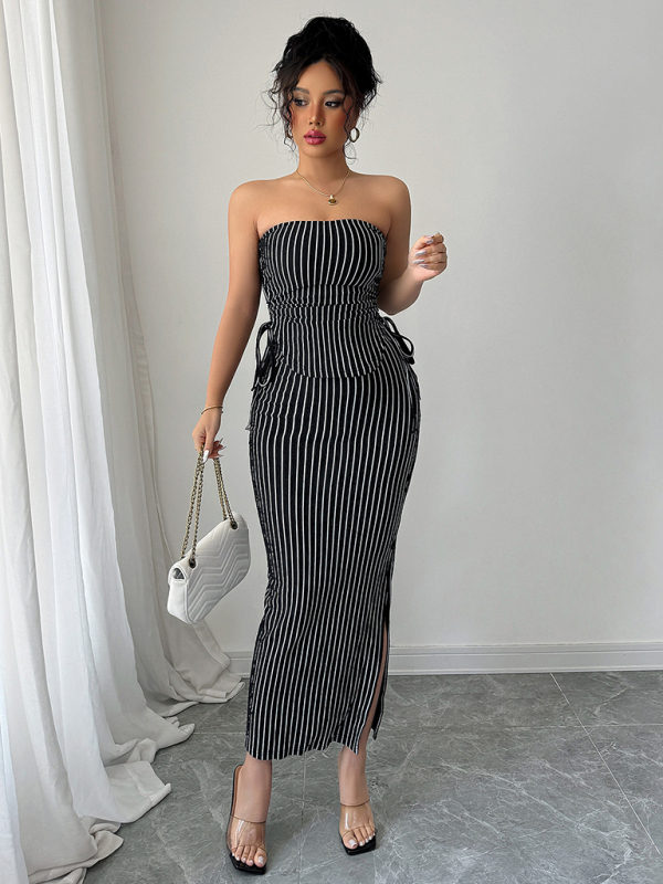 Elegant striped strappy tube top hip skirt suit-chiquechics
