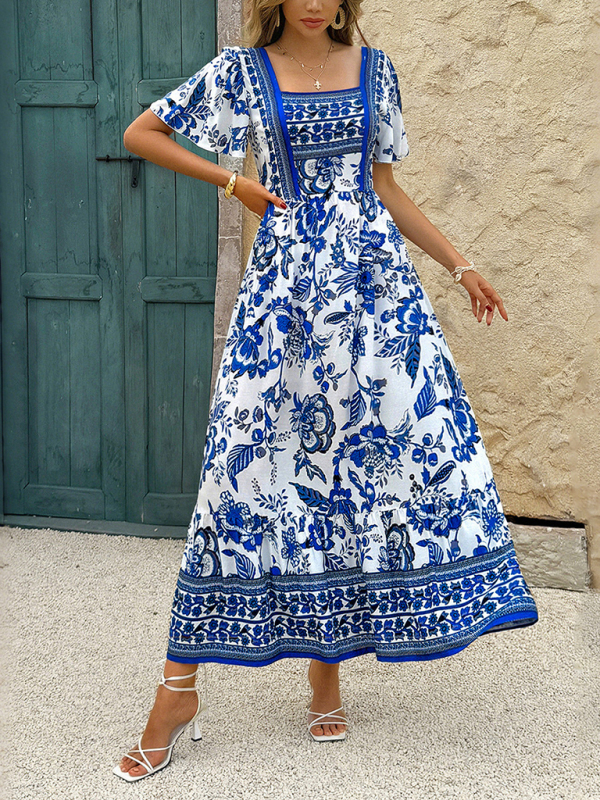 Holiday Blue Floral Print A-Line Maxi Dress-chiquechics