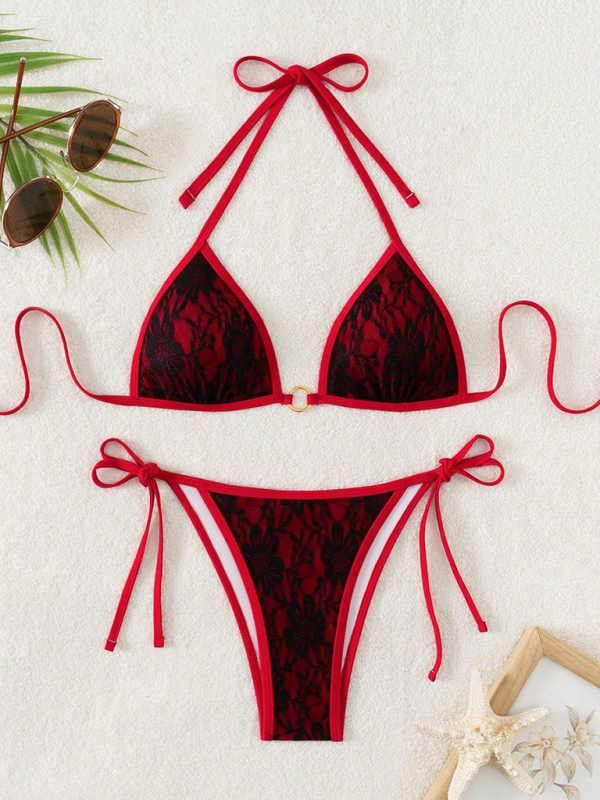 Black lace and red backless bikini swimwear