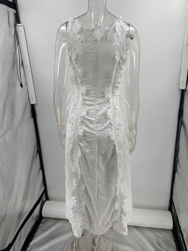 Lace Embroidery Tie-Strap Holiday Fitted Maxi Dress-chiquechics
