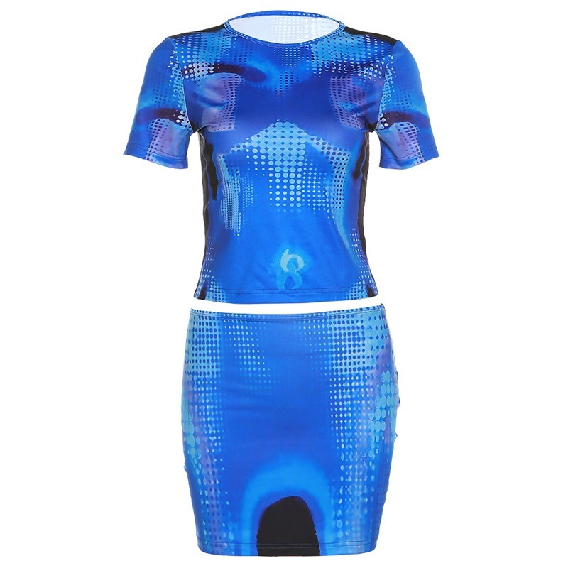 Spring and Summer Women's New Fashion 3D Printing Short Sleeve Slim Fit Short Skirt Set-chiquechics