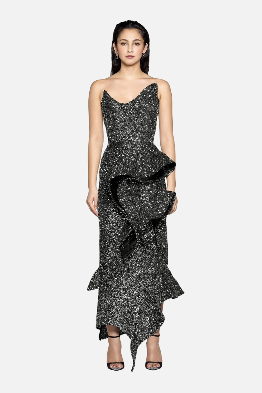 Strapless long skirt with lotus leaf hem party dress-chiquechics