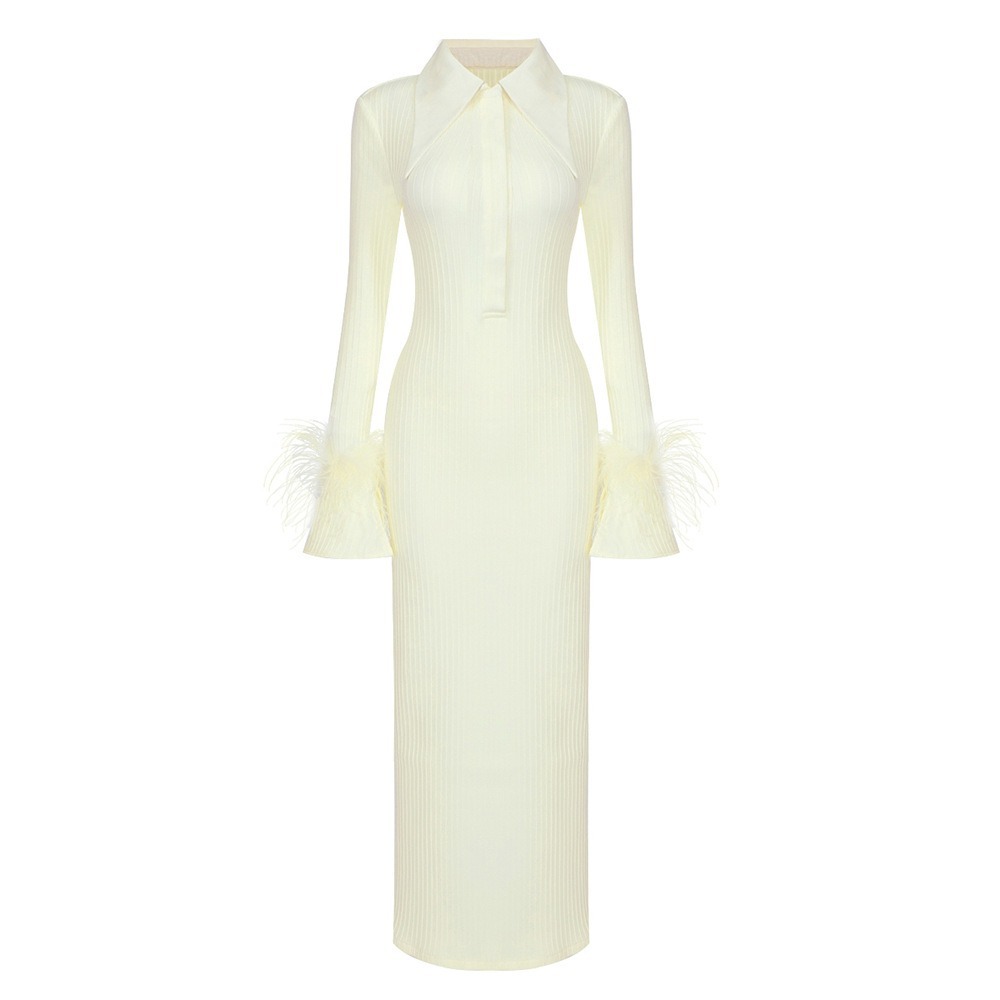Light Yellow Dress Women Elegant Bandage Long Sleeve Feather Design Party Dress Vestidos-chiquechics