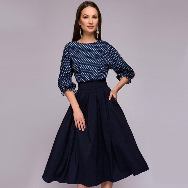 Autumn Vintage Lantern Sleeve Printing Dress Women's Elegant Casual O-Neck Half Sleeves A-Line Dress Mid-Calf Party Dresses-chiquechics