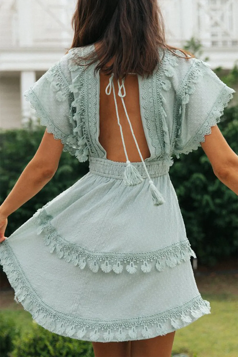 Women's lace patchwork lace up backless big swing batball sleeve dress-chiquechics