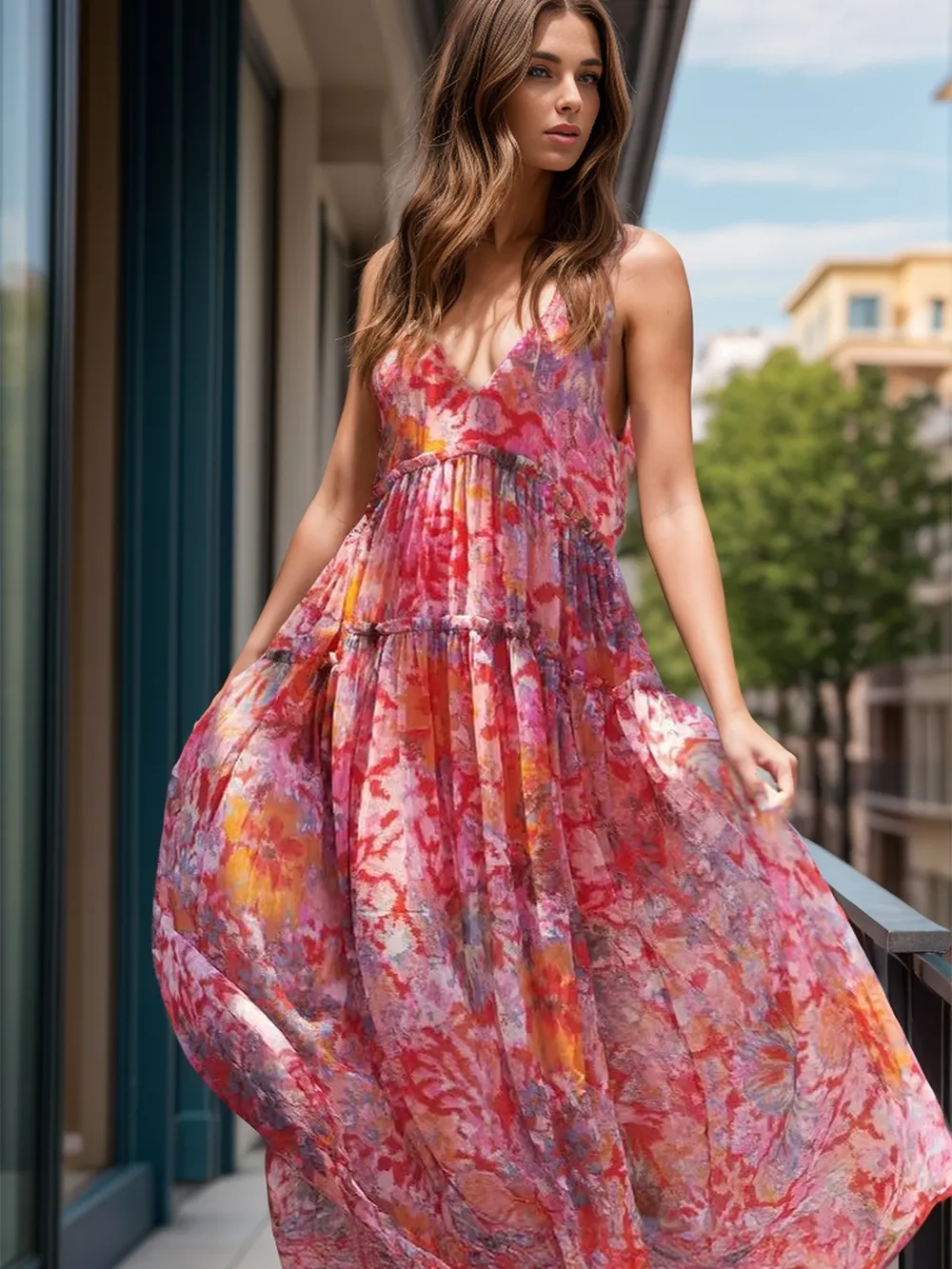 Tiered Printed V-Neck Sleeveless Dress-chiquechics
