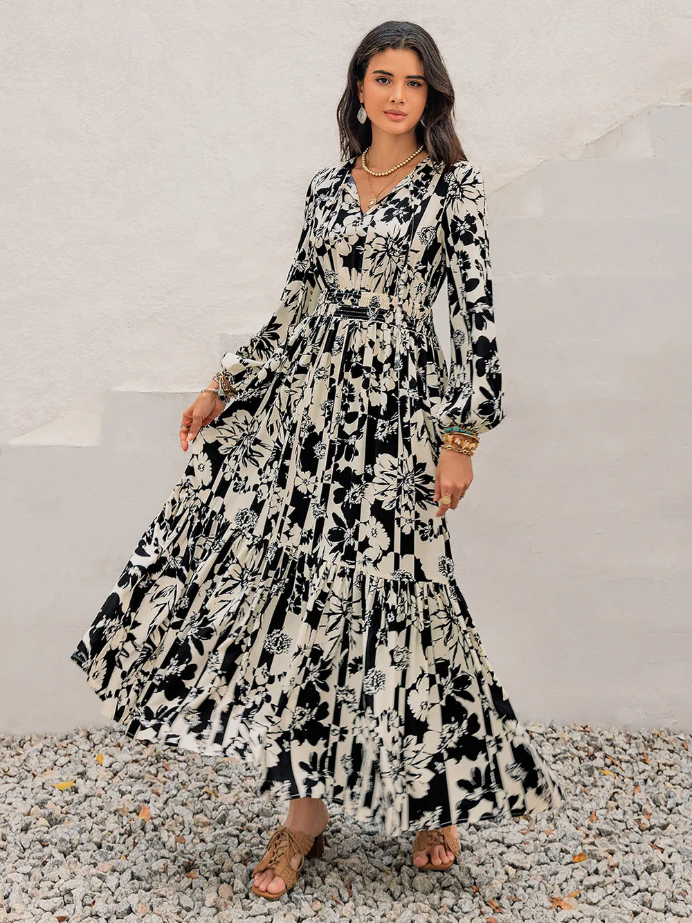 Smocked Printed Tie Neck Long Sleeve Dress-chiquechics